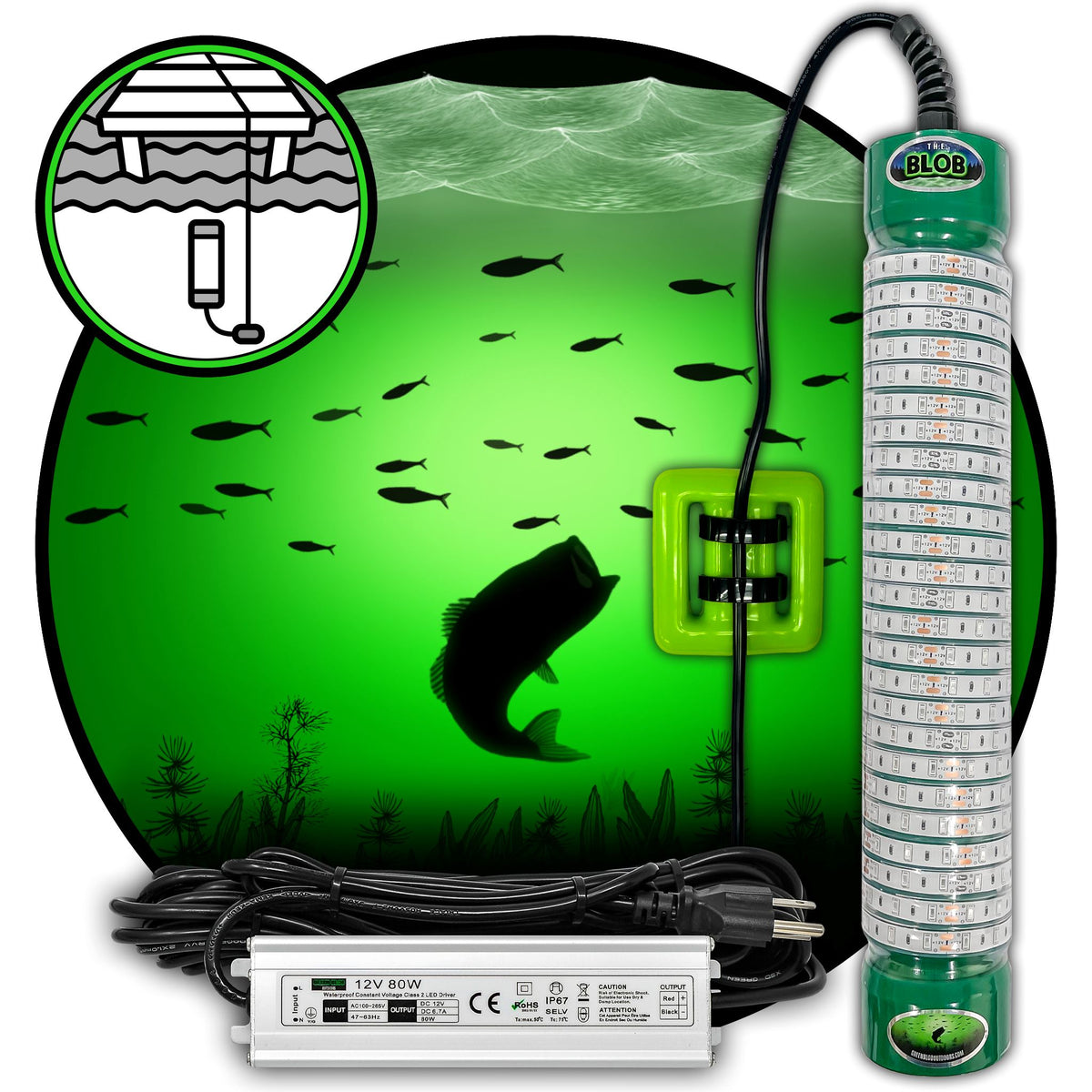 Green Blob Outdoors Underwater LED Fishing Light, 15000 Lumen, Made in Texas Fishing Lights Green Blob Outdoors &quot;NEW&quot; Bottom Bobber 110VAC Model with 3 Prong Plug 