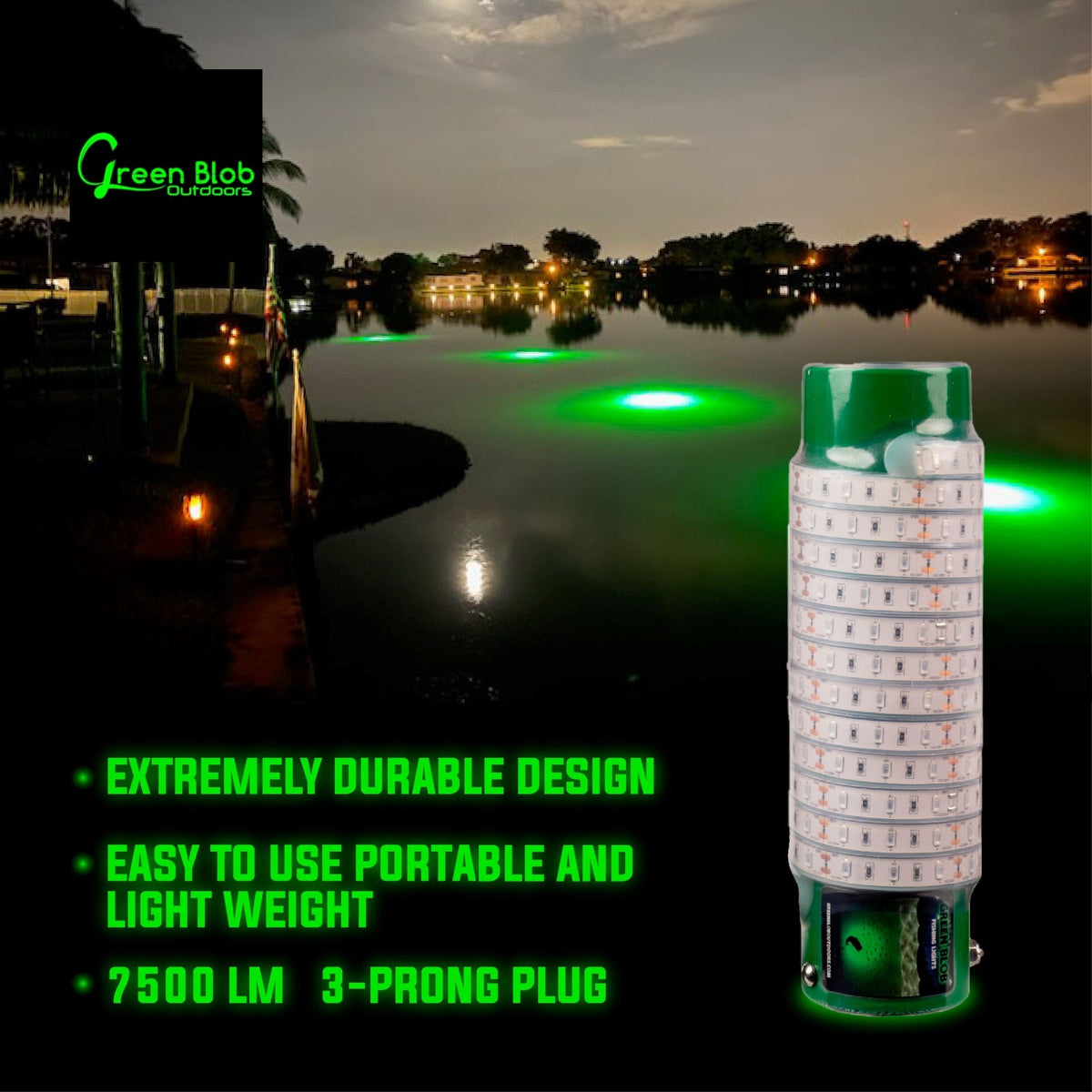 Green Blob Outdoors Underwater Fishing Light 7500 Lumen for Boats includes Alligator Clips &amp; Cigarette Lighter  w/ 30ft Cord, - Green Blob Outdoors