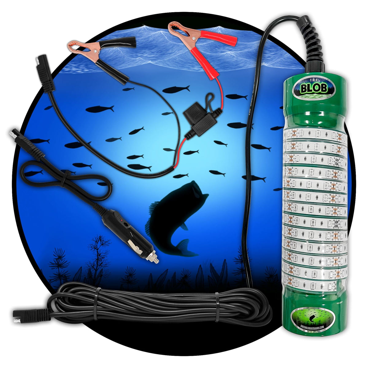 Green Blob Outdoors Underwater Fishing Light 7500 Lumen for Boats includes Alligator Clips &amp; Cigarette Lighter  w/ 30ft Cord, - Green Blob Outdoors