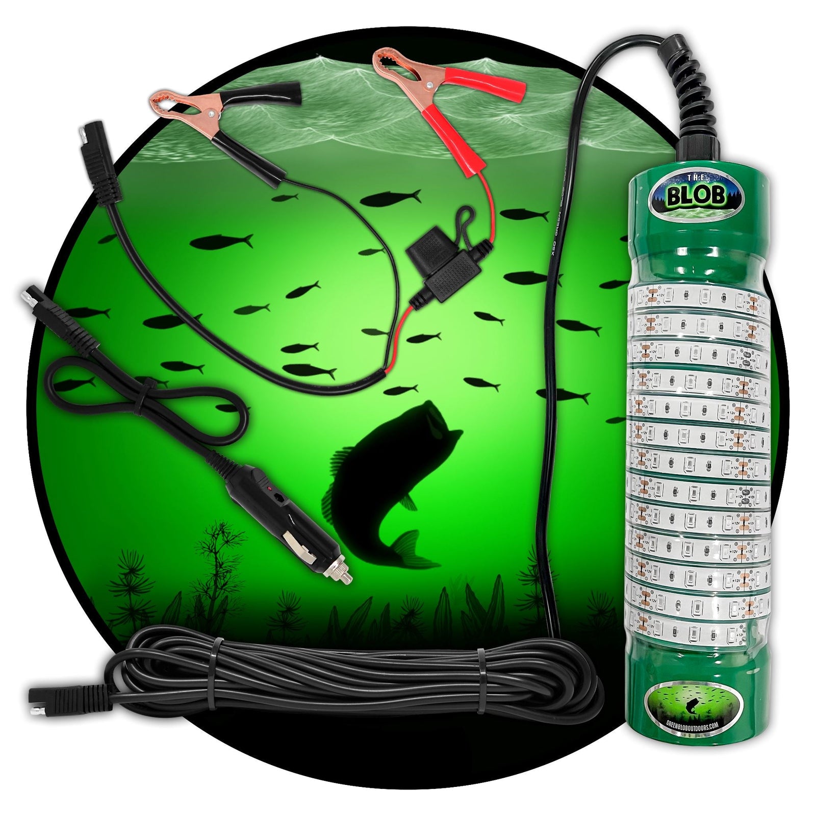 Green Blob Outdoors Underwater Fishing Light 7500 Lumen for Boats includes Alligator Clips & Cigarette Lighter  w/ 30ft Cord, - Green Blob Outdoors
