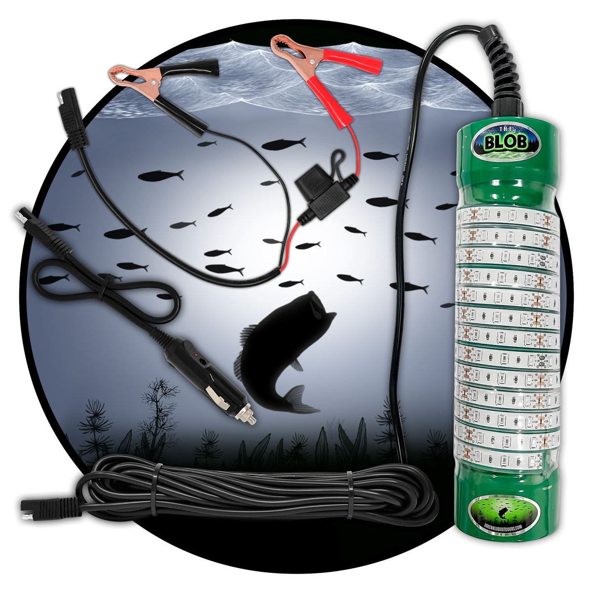 Green Blob Outdoors Underwater Fishing Light 7500 Lumen for Boats includes Alligator Clips &amp; Cigarette Lighter  w/ 30ft Cord, - Green Blob Outdoors