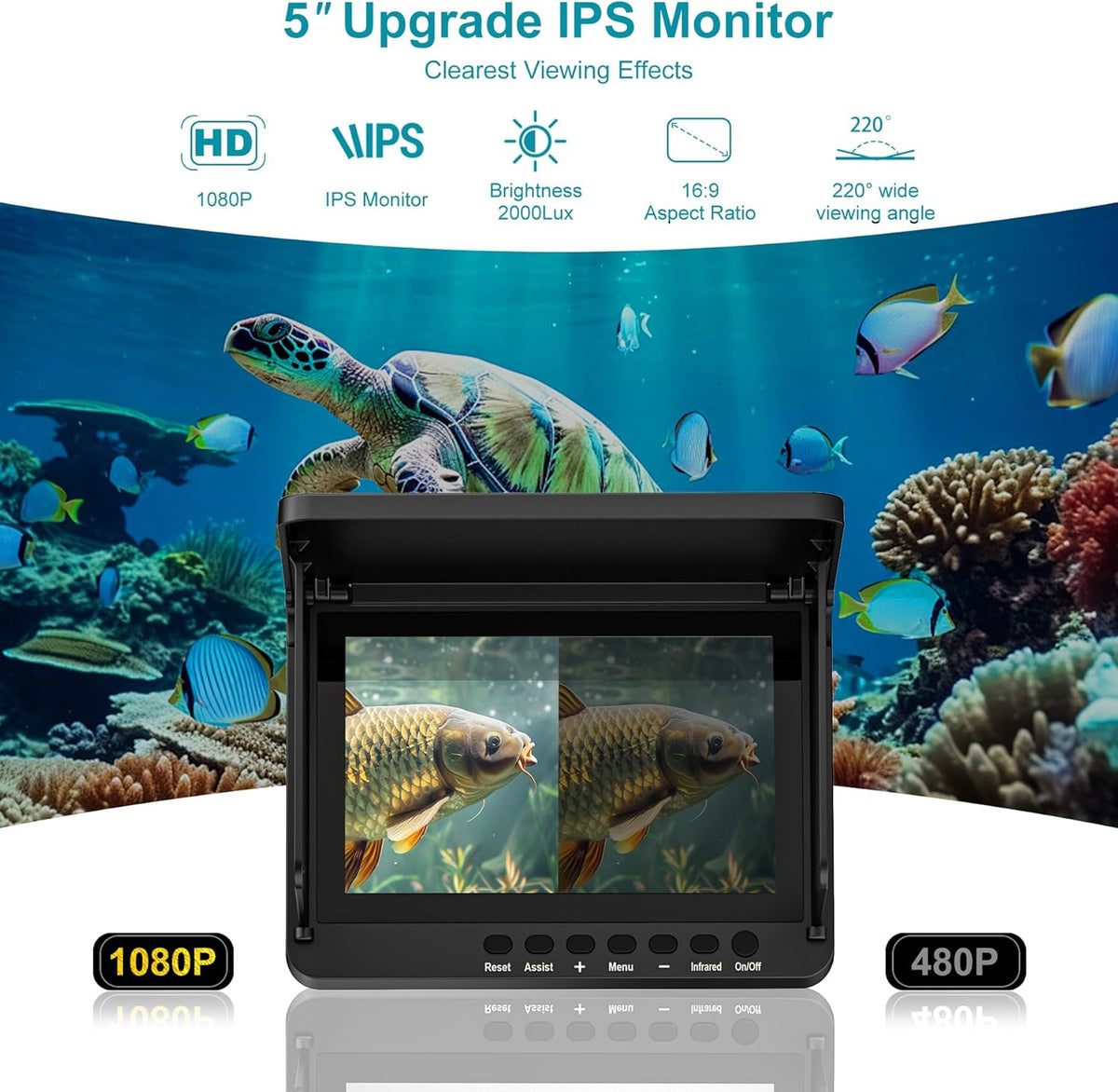 Underwater Fishing Camera with Infrared Night Vision Light, Portable with 100ft Cable, 5 Inch LCD and Upgraded HD Lens - Green Blob Outdoors