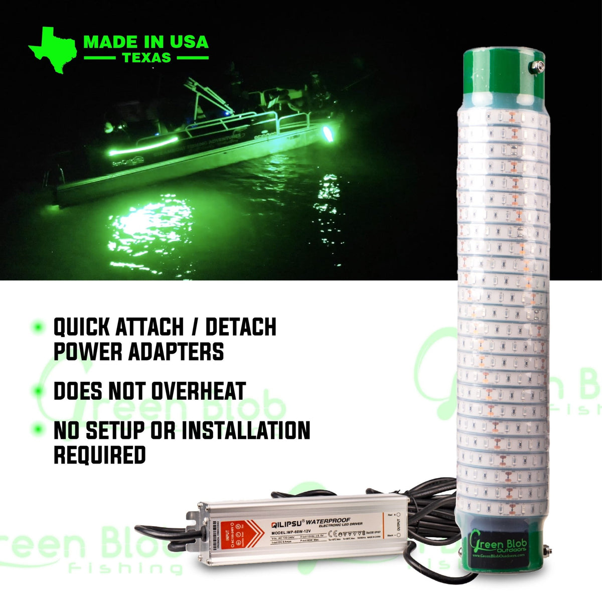 White Underwater Fishing Light Dock - 15000 Lumens 110 volt AC Adapter 30ft Power Cord - Green Blob Outdoors