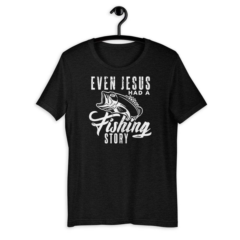 Even Jesus Had a Fishing Story T-Shirt Green Blob Outdoors Black Heather XS 