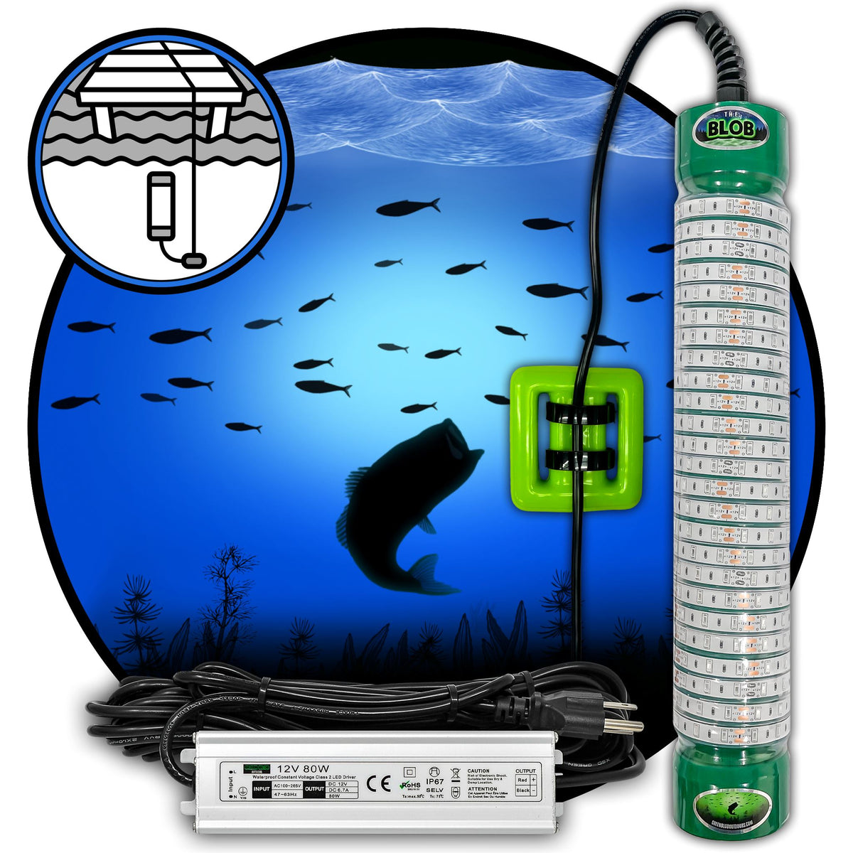 Green Blob Bottom Bobber Underwater Fishing Light 110V for Docks Fishing Lights Green Blob Outdoors 7500 Lumen Blue 30ft