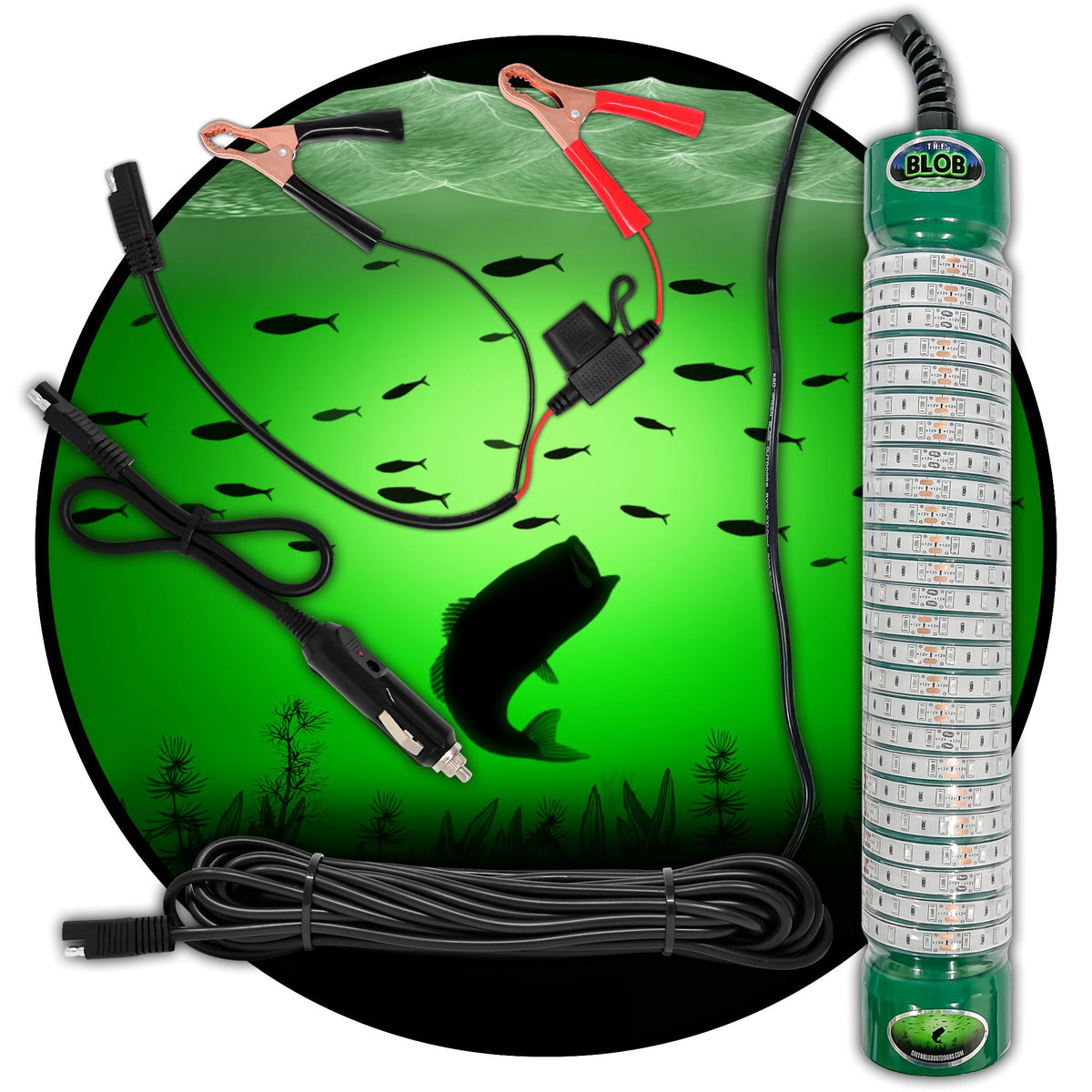 Green Blob Outdoors Underwater Fishing Light 15000 Lumen with Alligator Clips and Cigarette Lighter adapter with 30ft Cord Fishing Lights Green Blob Outdoors Green Color 