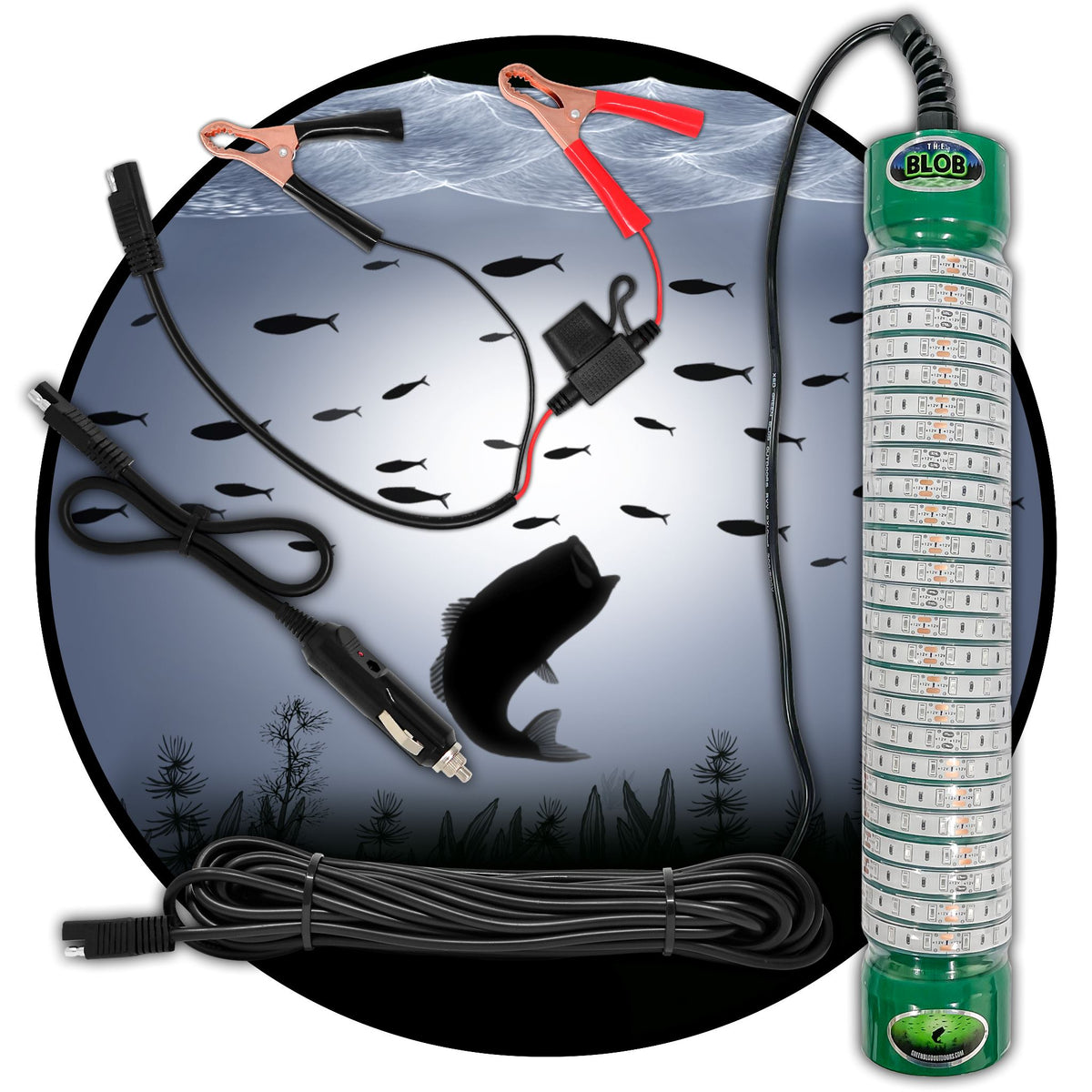 Green Blob Outdoors Underwater Fishing Light 15000 Lumen with Alligator Clips and Cigarette Lighter adapter with 30ft Cord Fishing Lights Green Blob Outdoors White Color 