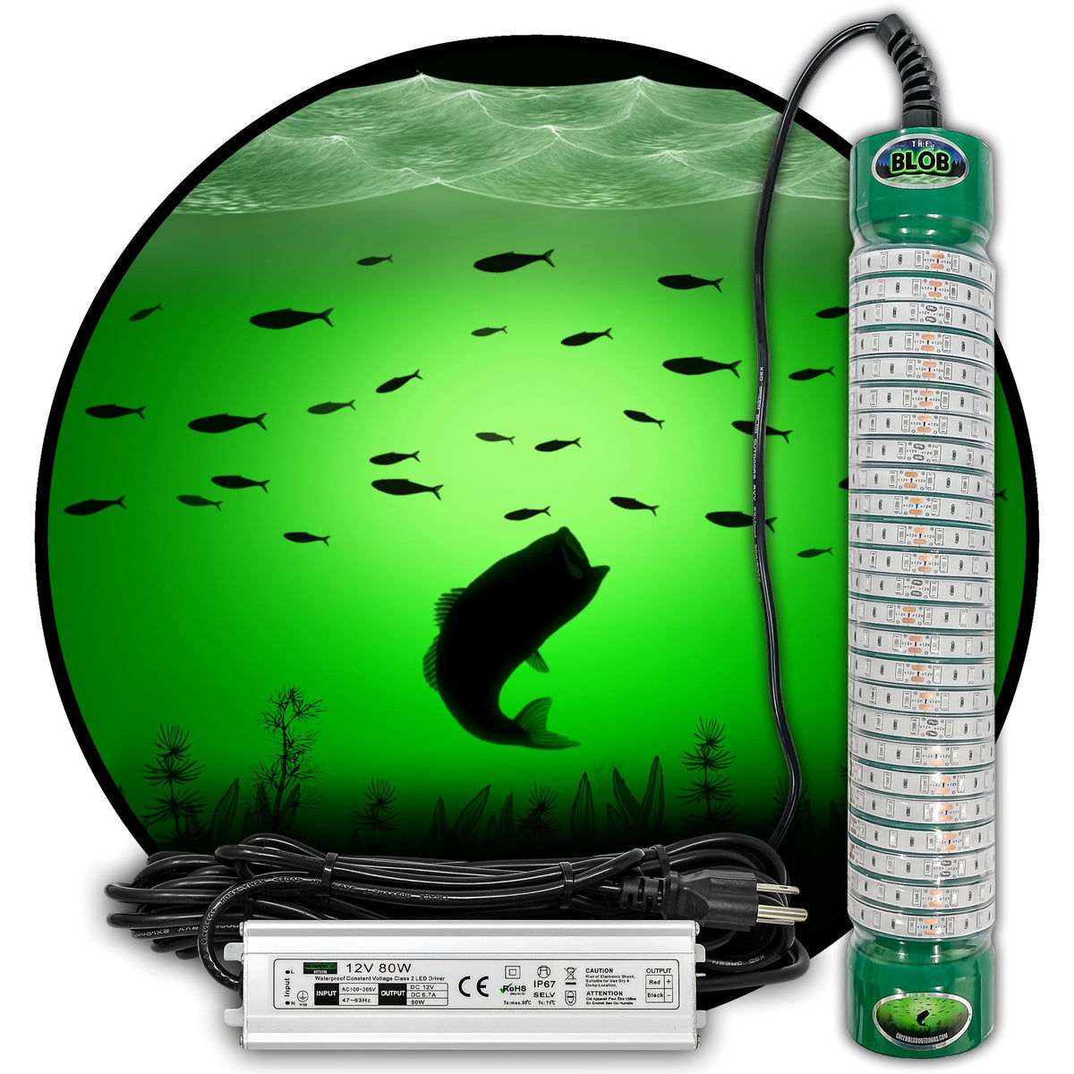 Green Blob Outdoors New Underwater LED Fishing Light 15000 Lumens 12V Battery Powered with Alligator Clips Fish Light Attracting Snook Crappie for