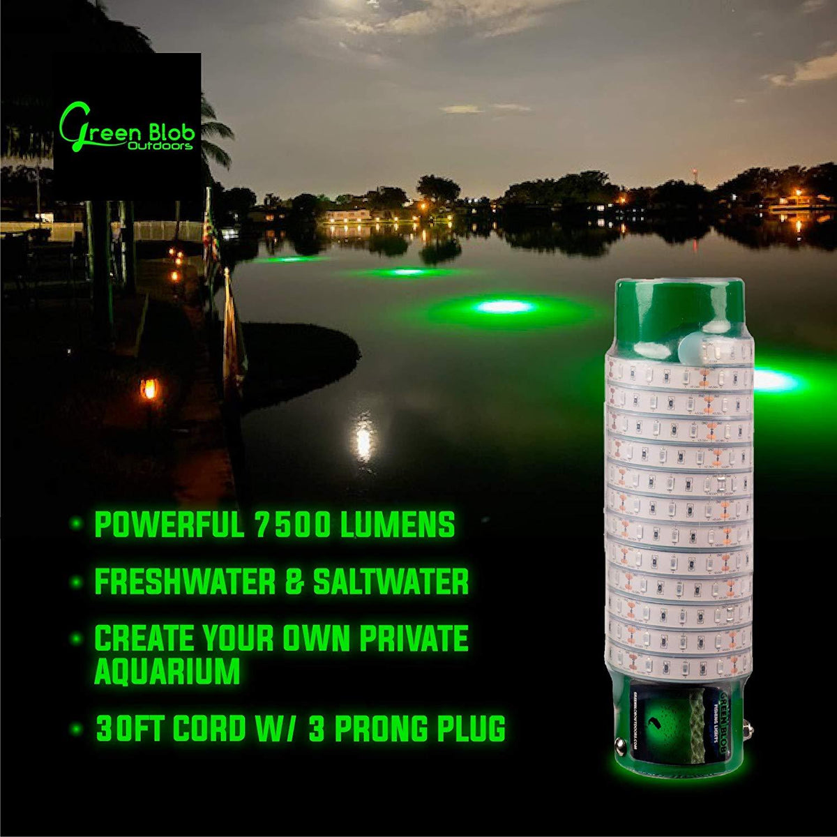 Green Blob Underwater Fishing Light for Docks 7500 Lumen, 110 VAC with 30ft Cord Fishing Lights Green Blob Outdoors 