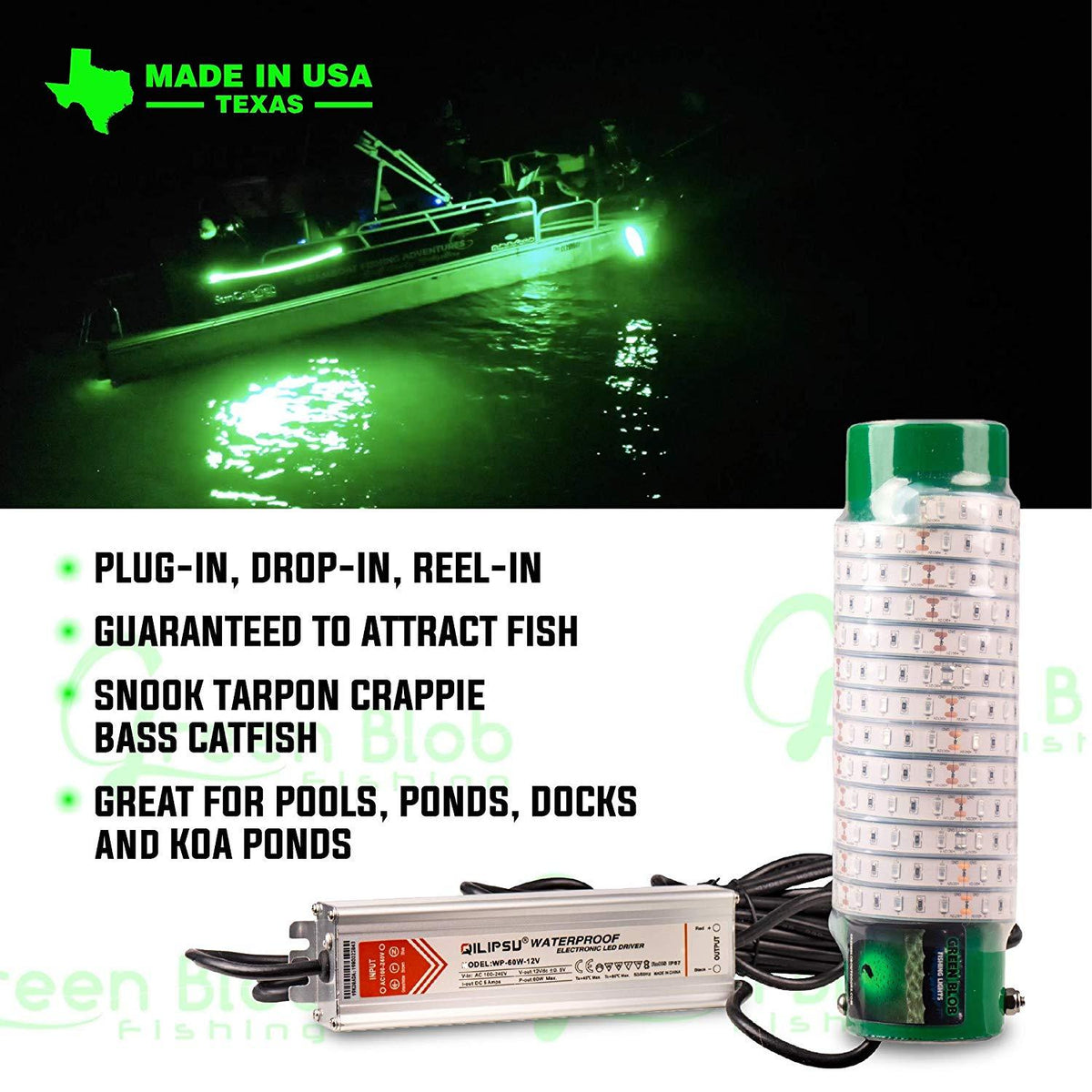 White Blob Underwater Dock Fishing Light 7500 Lumen w 110v AC adapter and 3 prong plug Fishing Lights Green Blob Outdoors 